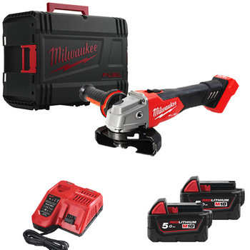 Milwaukee szlifierka M18FSAG125X-0X z ładowarką i dwoma akumulatorami