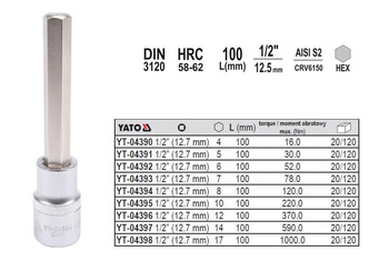 YATO KLUCZ TRZPIENIOWY IMBUSOWY/HEX 1/2"  8x100mm